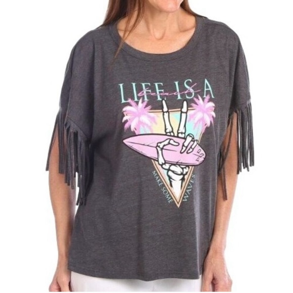 Violets Are Blue Sz S Gray & Pink T Shirt NWOT Life Is A Beach 🏖️ Fringe Sleeves - Picture 1 of 5